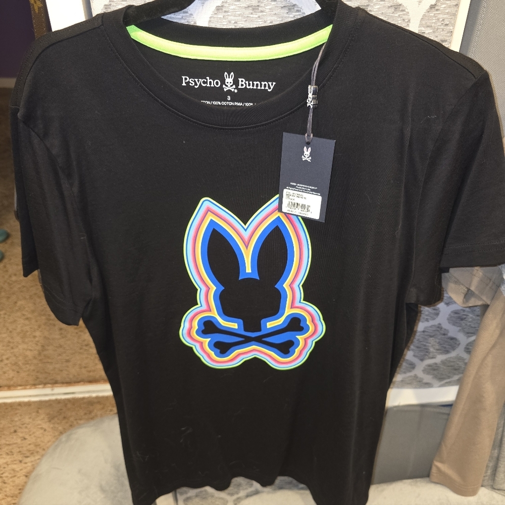 Psycho Bunny Black Tee with Neon Bunny Logo